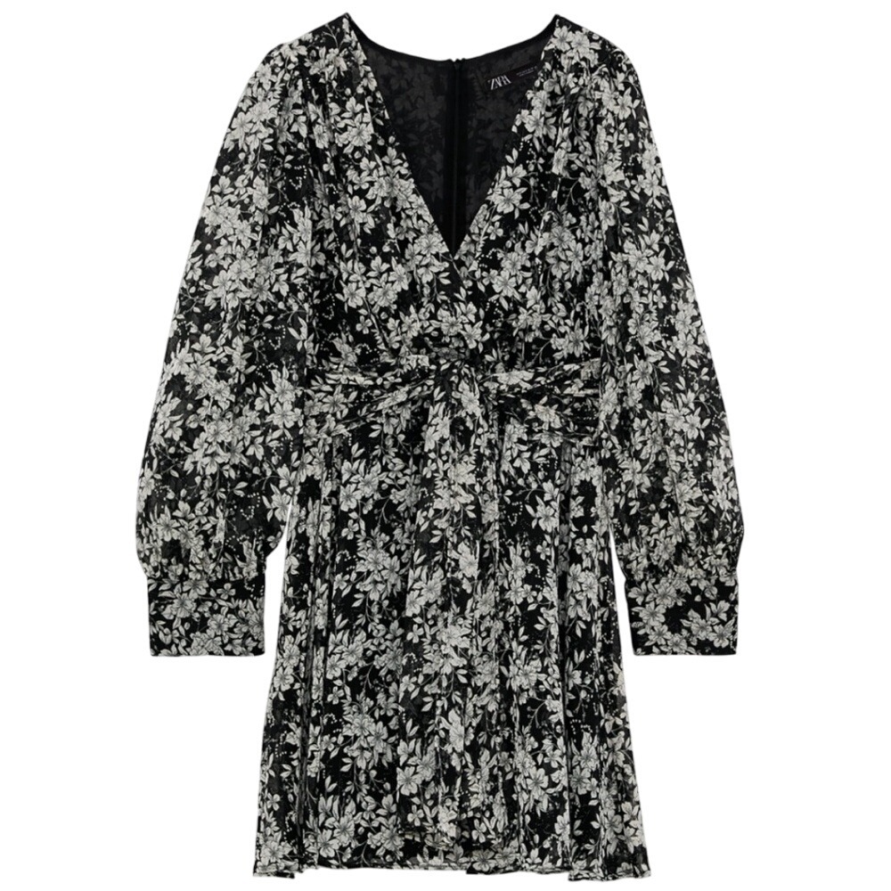 Zara Black and White Wrap Dress with V-Neck and Bishop Sleeves